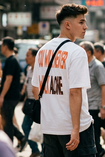 Vista de perfil de la camiseta color blanca con imprimación trasera You will Never walk alone