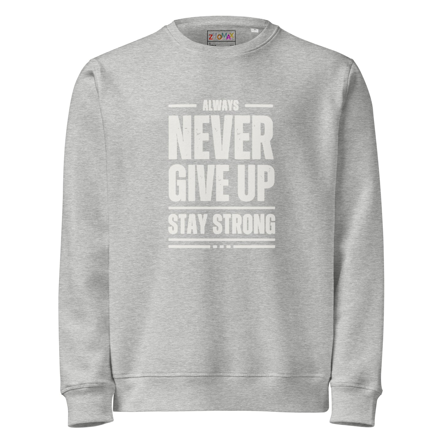 Sudadera orgánica Never Give Up ZHOMAX en gris jaspeado, vista frontal