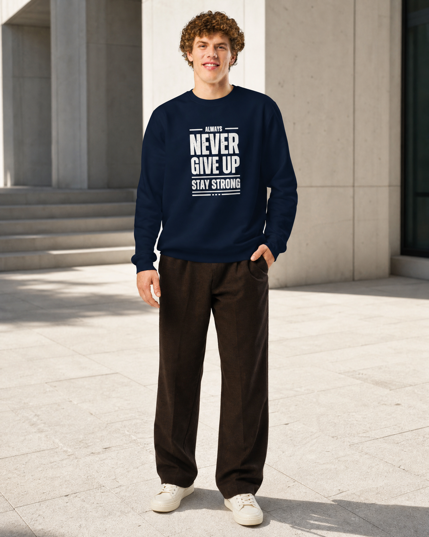 Modelo vistiendo la sudadera orgánica Never Give Up ZHOMAX en French Navy con estampado frontal Stay Strong