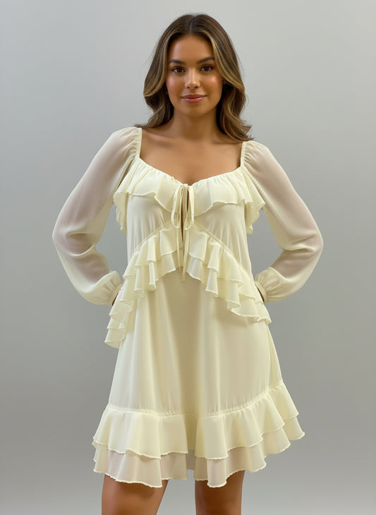 Minivestido de manga larga con ribete de volantes zhomax