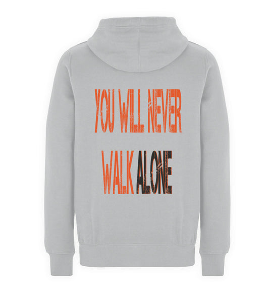 Una prenda con carácter que se resiste a pasar desapercibida. Esta sudadera unisex premium con capucha transmite un minimalismo audaz con su llamativo gráfico "You Will Never Walk Alone", una declaración envuelta en tela gruesa de 300 g que exige respeto. Confeccionada con colores consistentes y saturados, es una prenda esencial para el día a día que no se disculpa por causar impacto. Perfecta para quienes llevan sus convicciones tan a la vista como su estilo. Regálasela a alguien qu Heather Sport Grey-6807