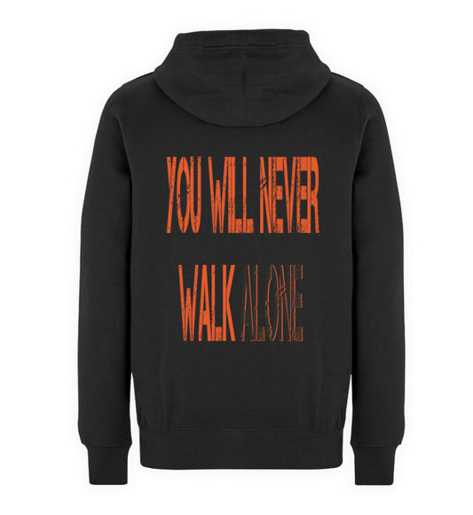 Una prenda con carácter que se resiste a pasar desapercibida. Esta sudadera unisex premium con capucha transmite un minimalismo audaz con su llamativo gráfico "You Will Never Walk Alone", una declaración envuelta en tela gruesa de 300 g que exige respeto. Confeccionada con colores consistentes y saturados, es una prenda esencial para el día a día que no se disculpa por causar impacto. Perfecta para quienes llevan sus convicciones tan a la vista como su estilo. Regálasela a alguien que la entienda. Black-16