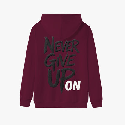 Sudadera never give up on, color, vista trasera, zhomax.com