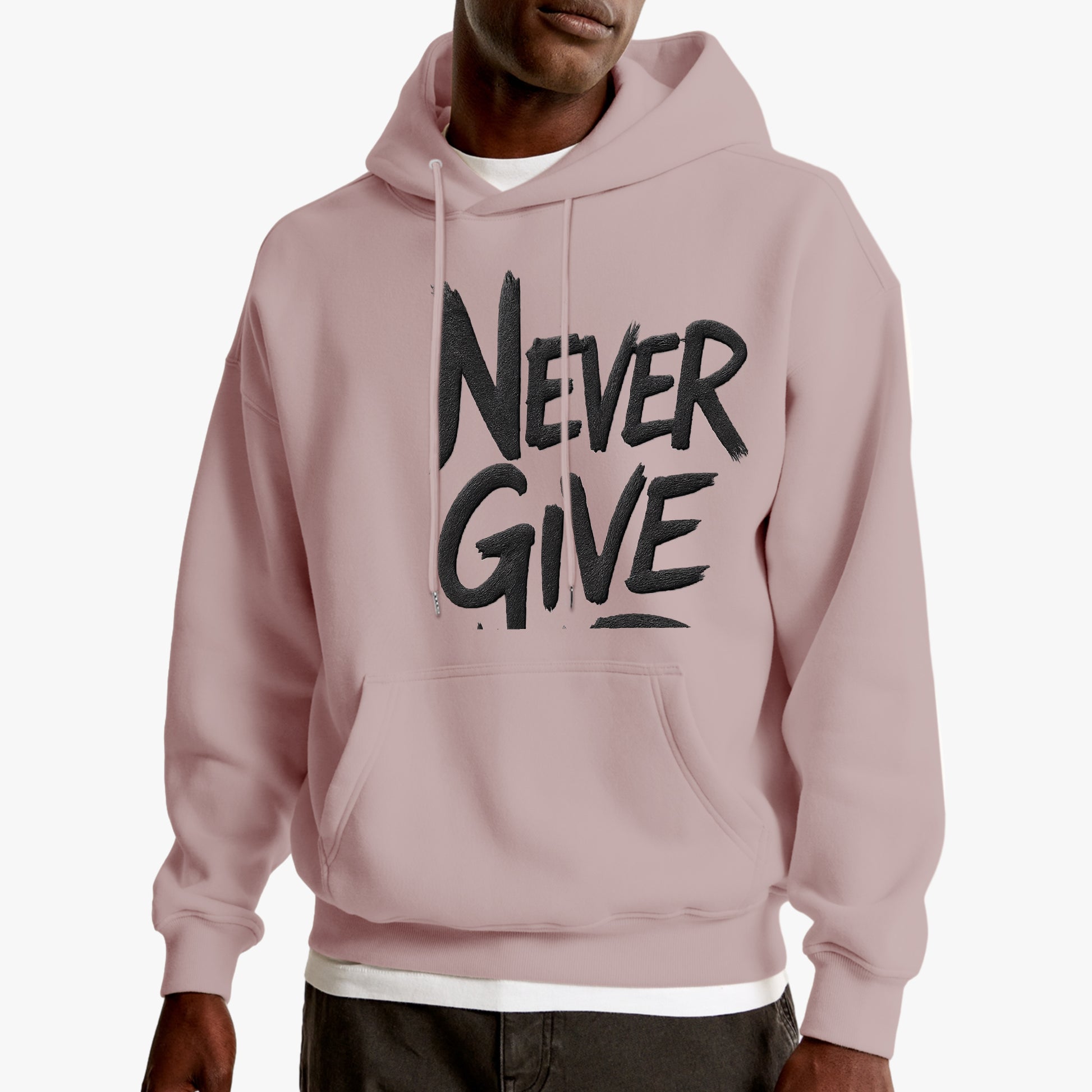 Sudadera never give, color pink, vista frontal, zhomax.com