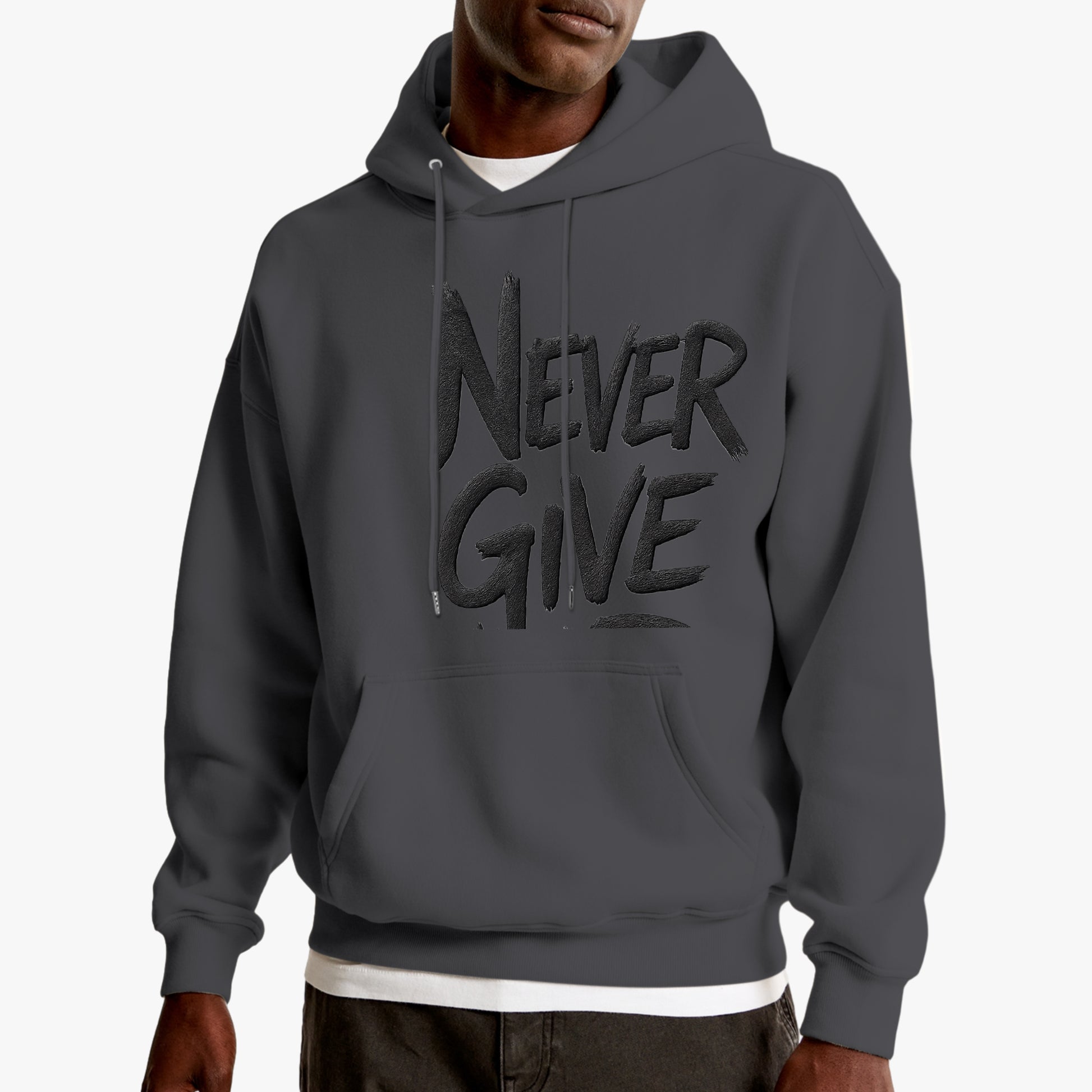 Sudadera never give, color gris, vista frontal, zhomax.com