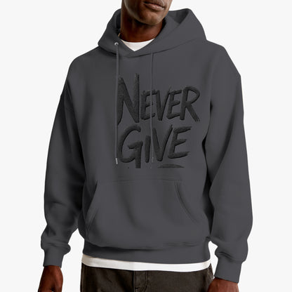 Sudadera never give, color gris, vista frontal, zhomax.com