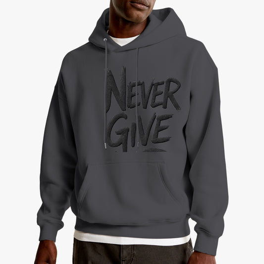 Sudadera never give, color gris, vista frontal, zhomax.com