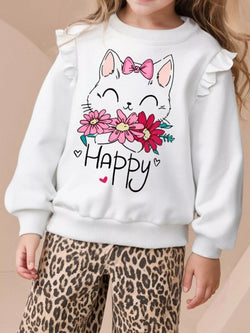 Children's Cat Graphic Ruffle Sleeve Sweatshirt