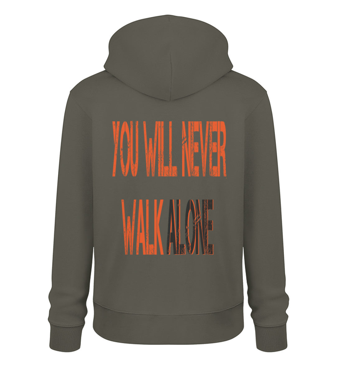 Sudadera unisex You Will Never Walk Alone color caqui, detalle cordón y capucha