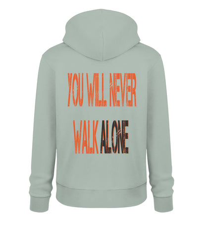 Sudadera unisex You Will Never Walk Alone color verde aloe, detalle tejido orgánico