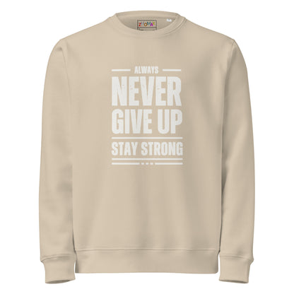 Sudadera orgánica Never Give Up ZHOMAX en Desert Dust, segunda vista frontal