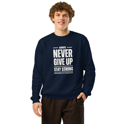 Sudadera orgánica Never Give Up ZHOMAX en French Navy, estampado frontal Stay Strong