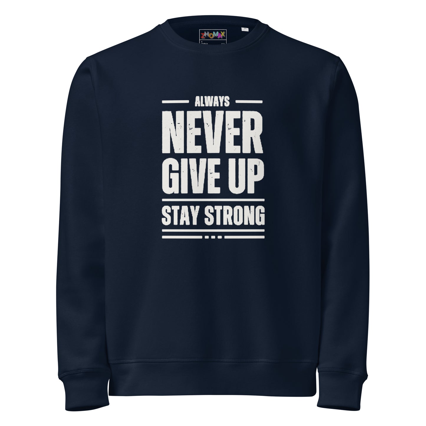Sudadera orgánica Never Give Up ZHOMAX en French Navy, segunda vista frontal