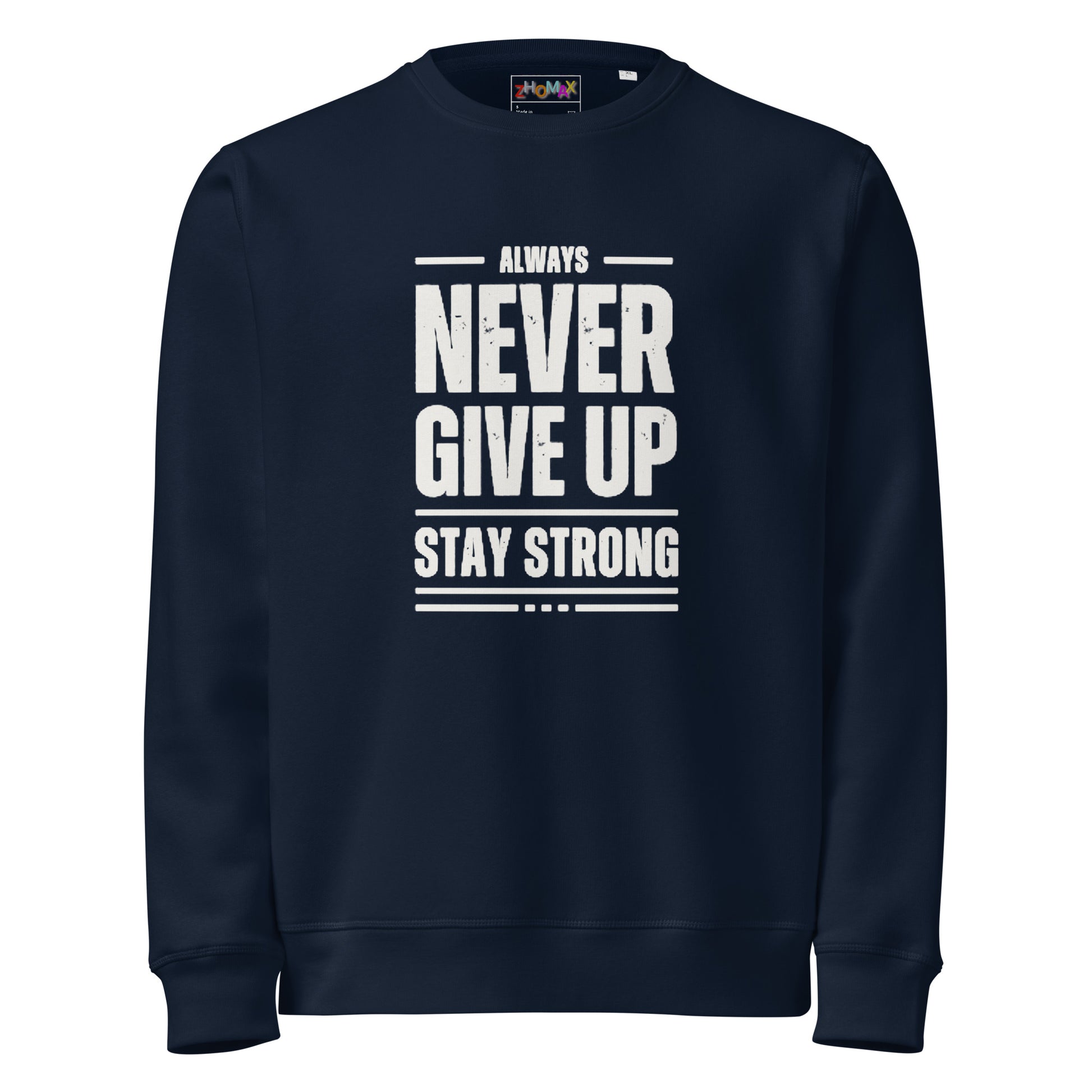 Sudadera orgánica Never Give Up ZHOMAX en French Navy, segunda vista frontal