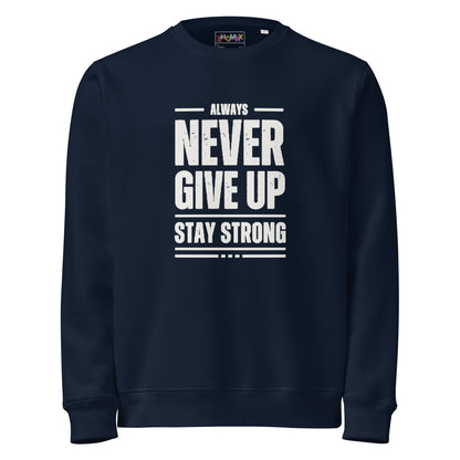 Sudadera orgánica Never Give Up ZHOMAX en French Navy, segunda vista frontal