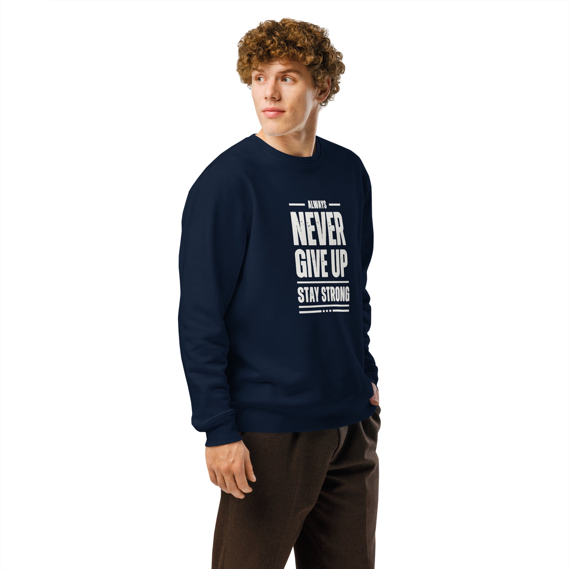 Sudadera orgánica Never Give Up ZHOMAX en French Navy, vista frontal lateral