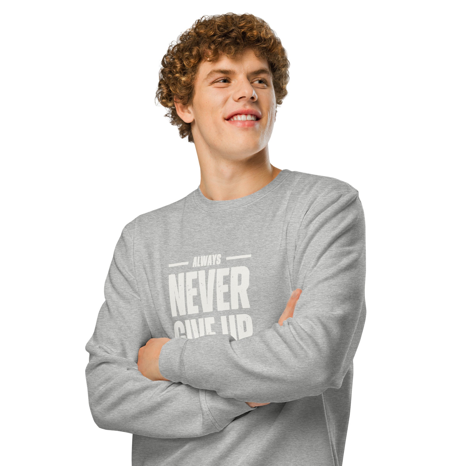 Sudadera orgánica Never Give Up ZHOMAX en gris jaspeado, segunda vista frontal