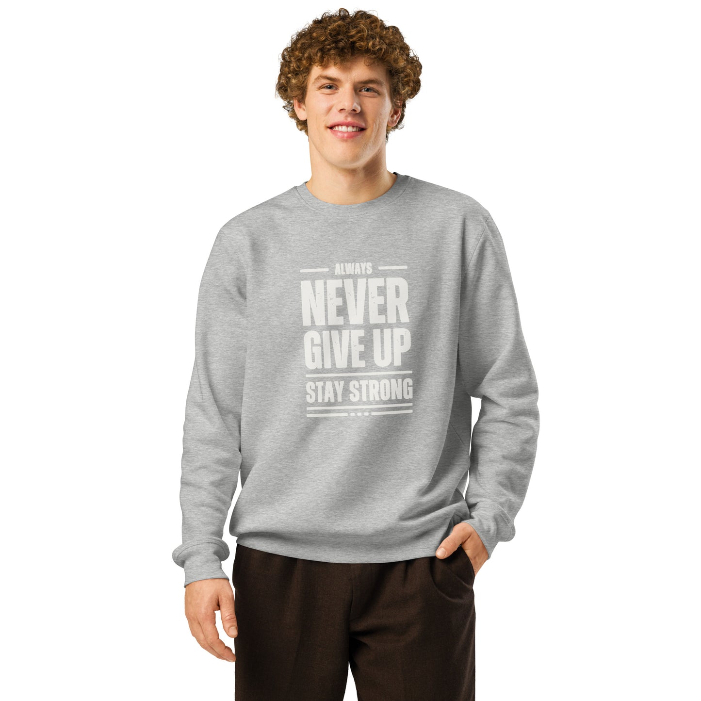 Sudadera orgánica Never Give Up ZHOMAX en gris jaspeado, estampado frontal Stay Strong