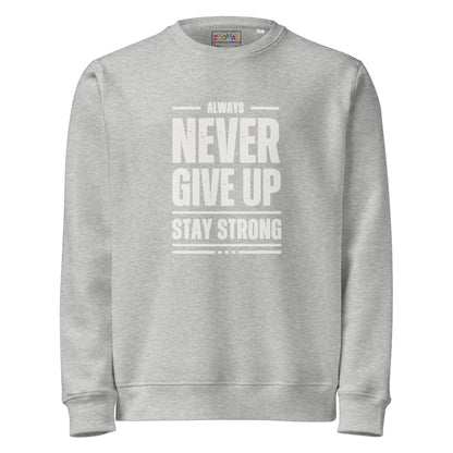 Sudadera orgánica Never Give Up ZHOMAX en gris jaspeado, vista frontal