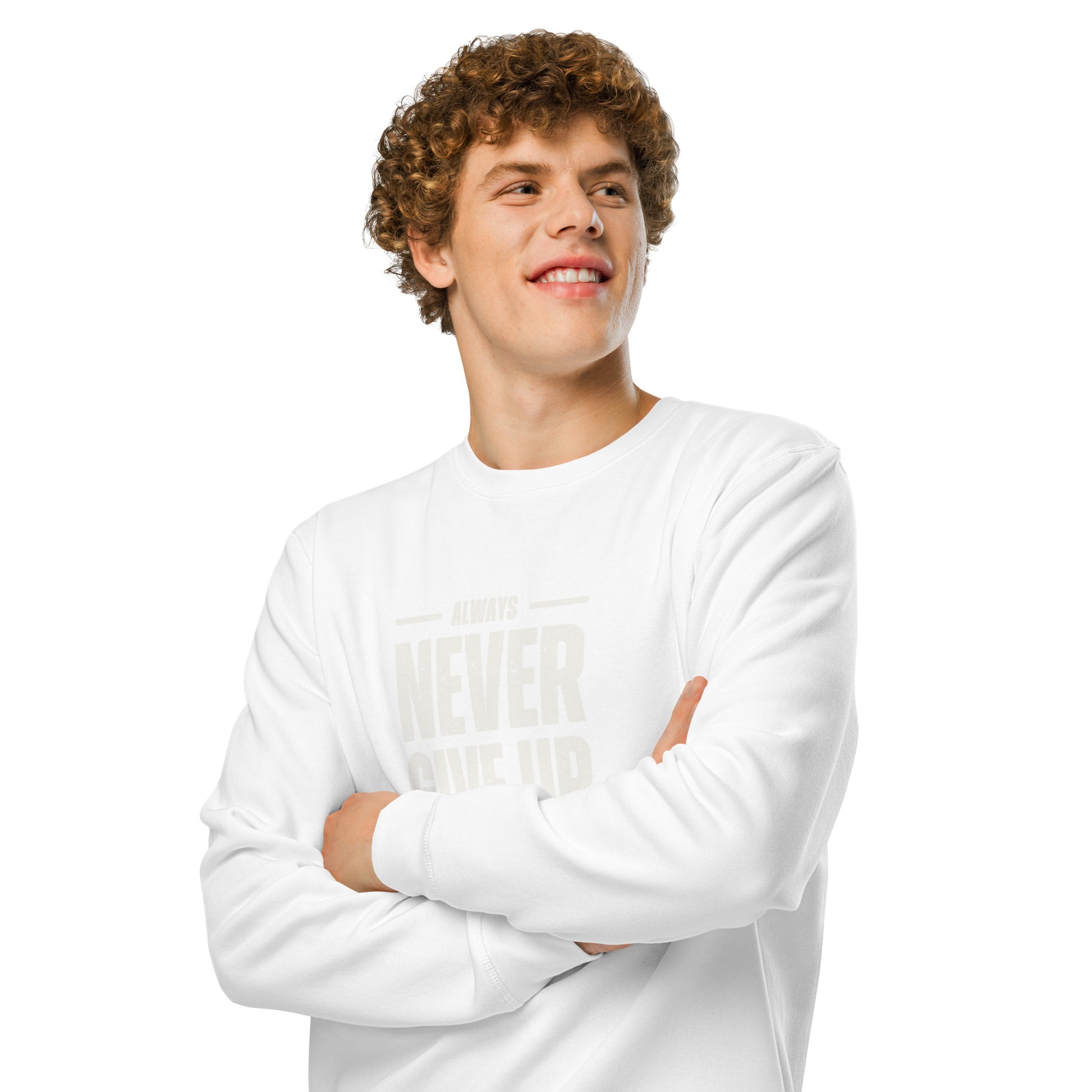 Sudadera orgánica Never Give Up ZHOMAX en blanco, detalle frontal del estampado