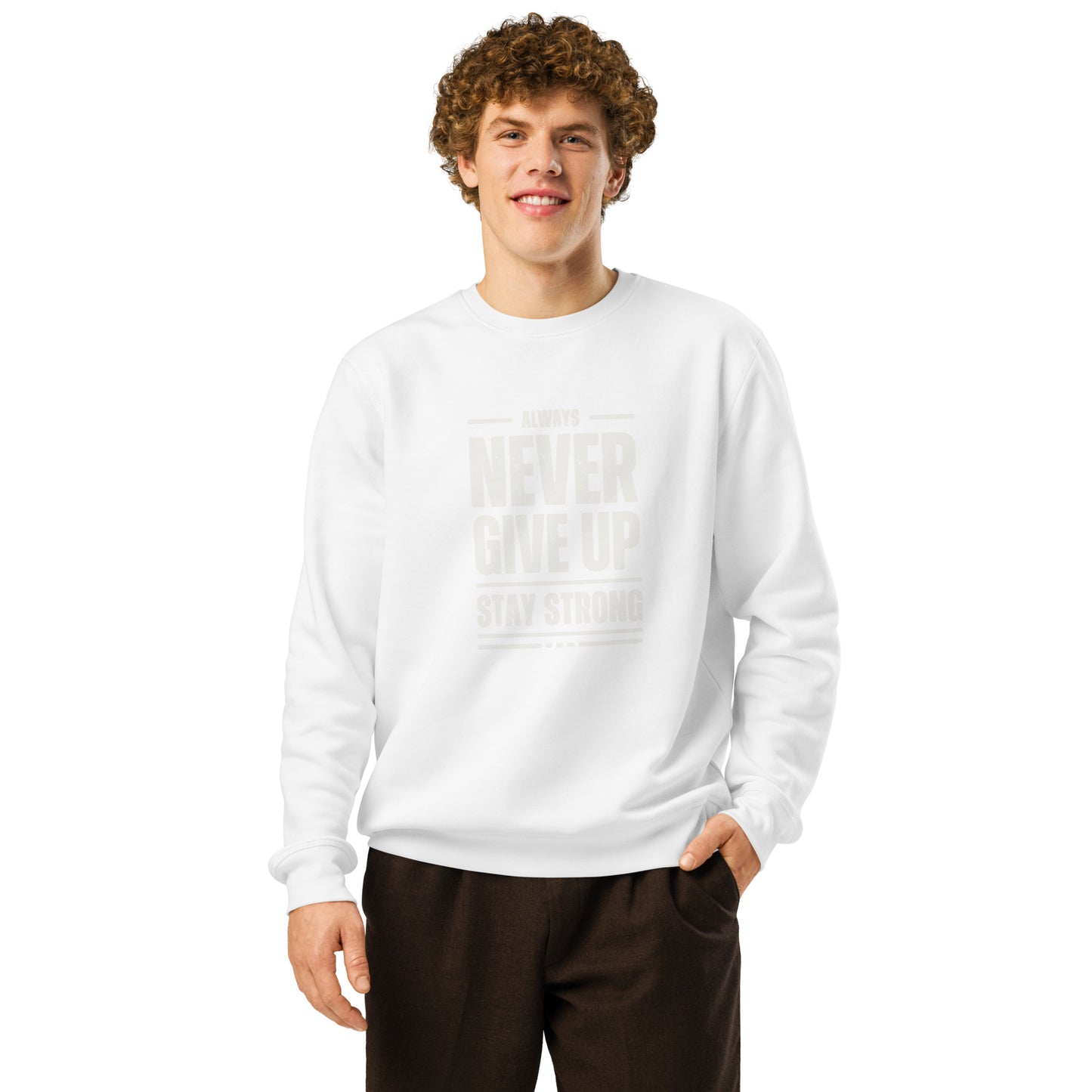 Sudadera orgánica Never Give Up ZHOMAX en blanco, vista frontal