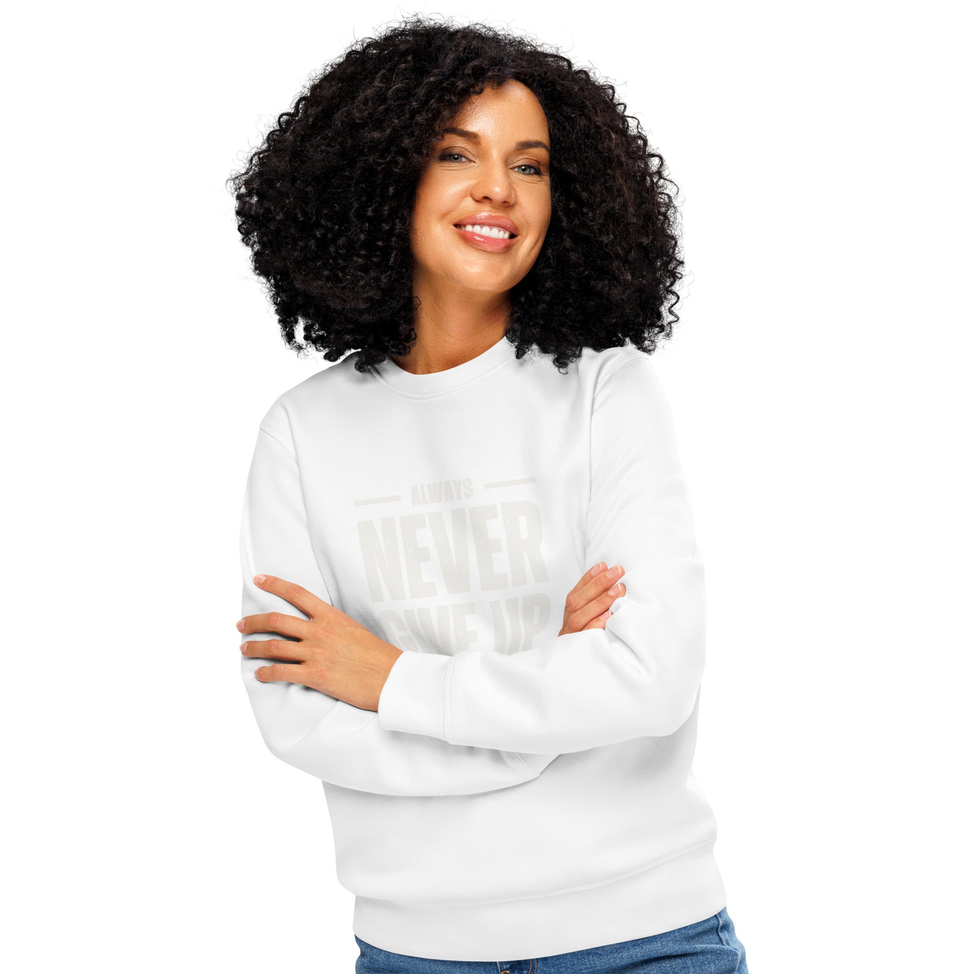 Sudadera orgánica Never Give Up ZHOMAX en blanco, segunda vista frontal