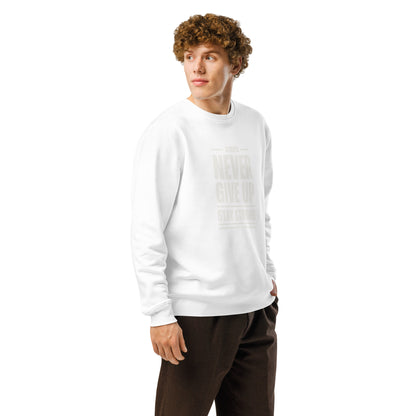 Sudadera orgánica Never Give Up ZHOMAX en blanco, vista frontal lateral