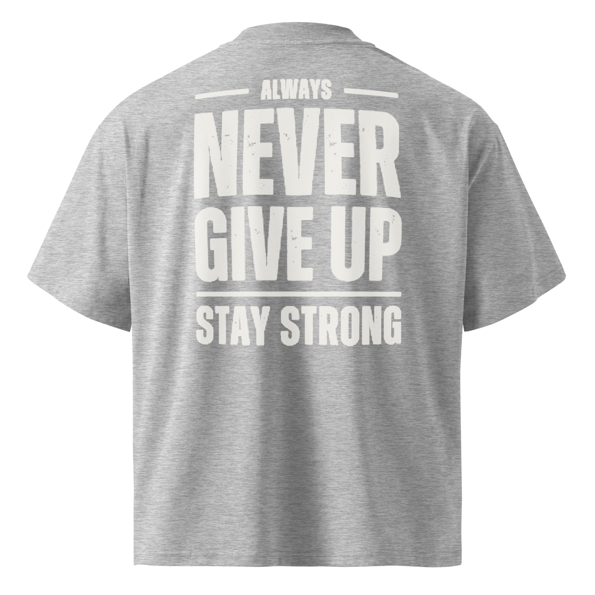 Camiseta Oversize Never Give Up ZHOMAX en gris jaspeado, segunda vista trasera