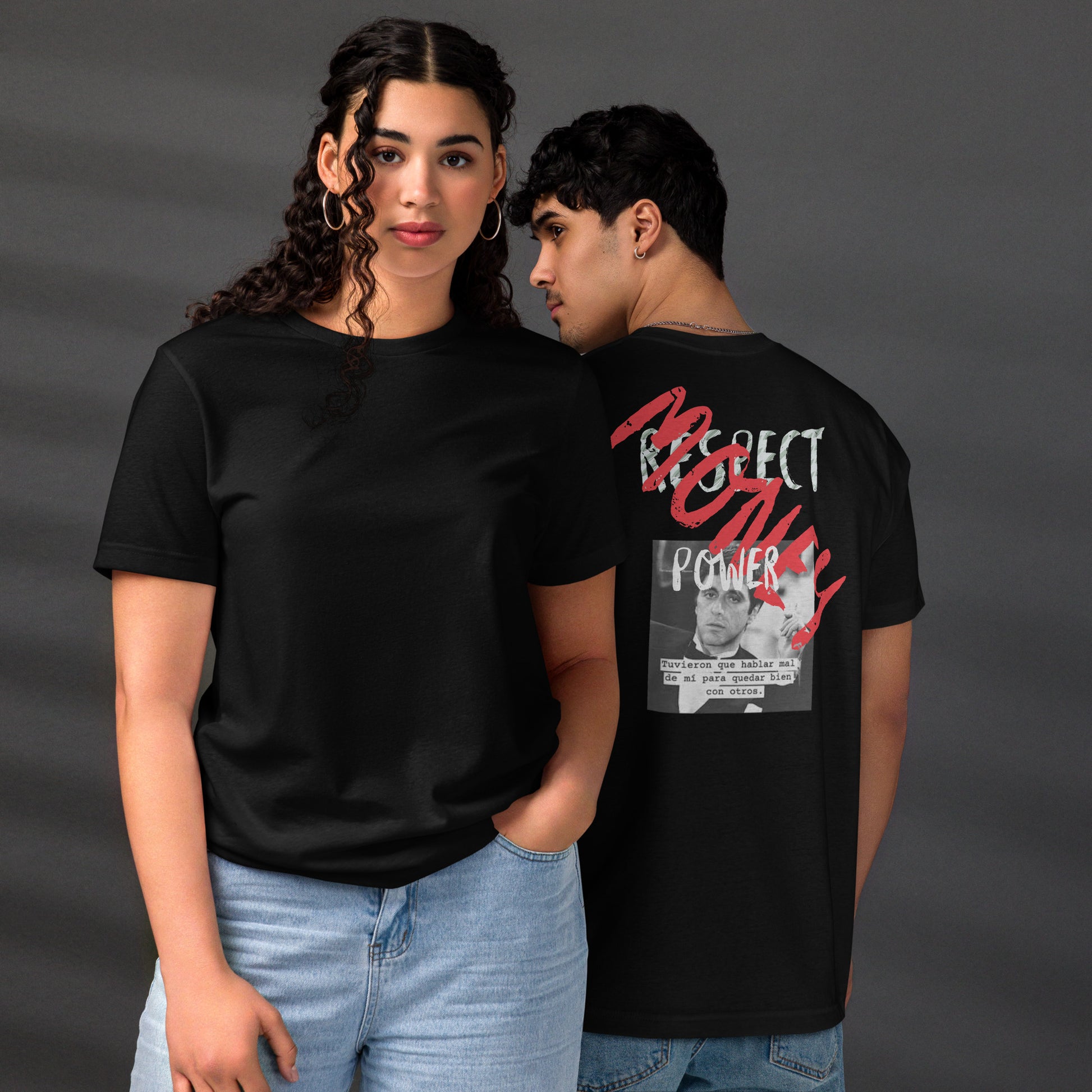 Camiseta Scarface Money Graffiti ZHOMAX, vista delantera y trasera en negro
