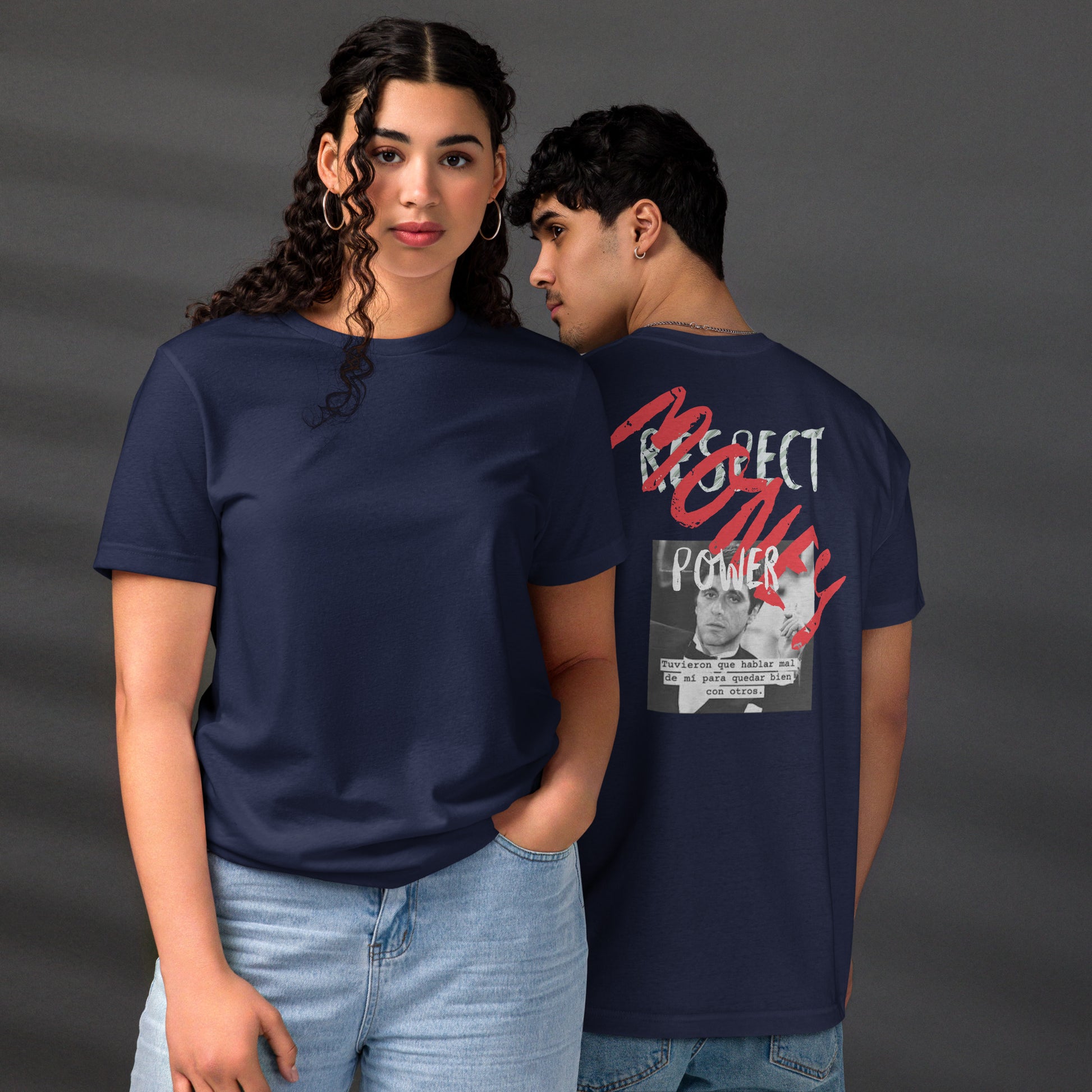 Camiseta Scarface Money Graffiti ZHOMAX, vista delantera y trasera azul marino