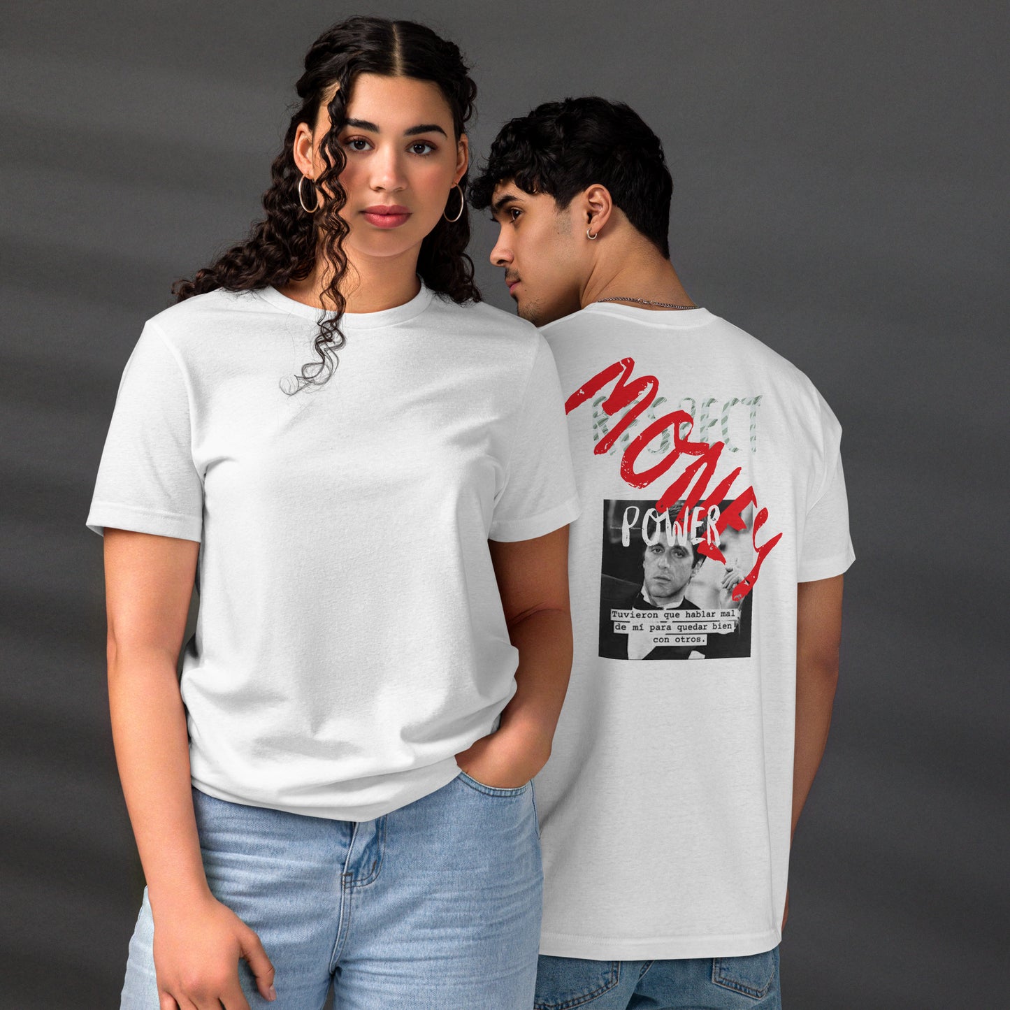Camiseta Scarface Money Graffiti ZHOMAX, vista delantera y trasera en blanco