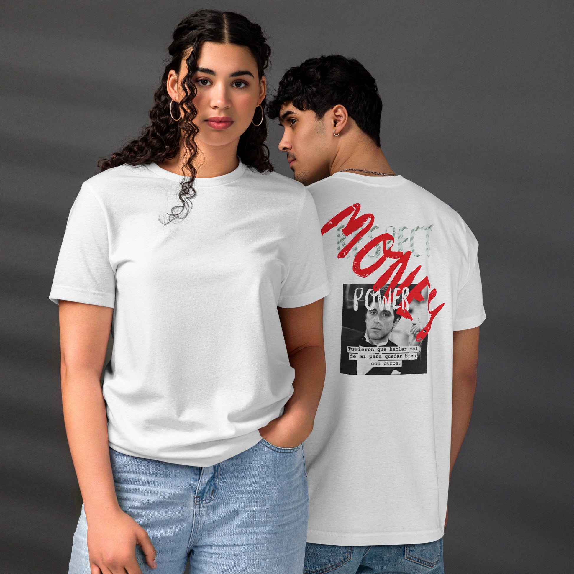 Camiseta Scarface Money Graffiti ZHOMAX, vista delantera y trasera en blanco